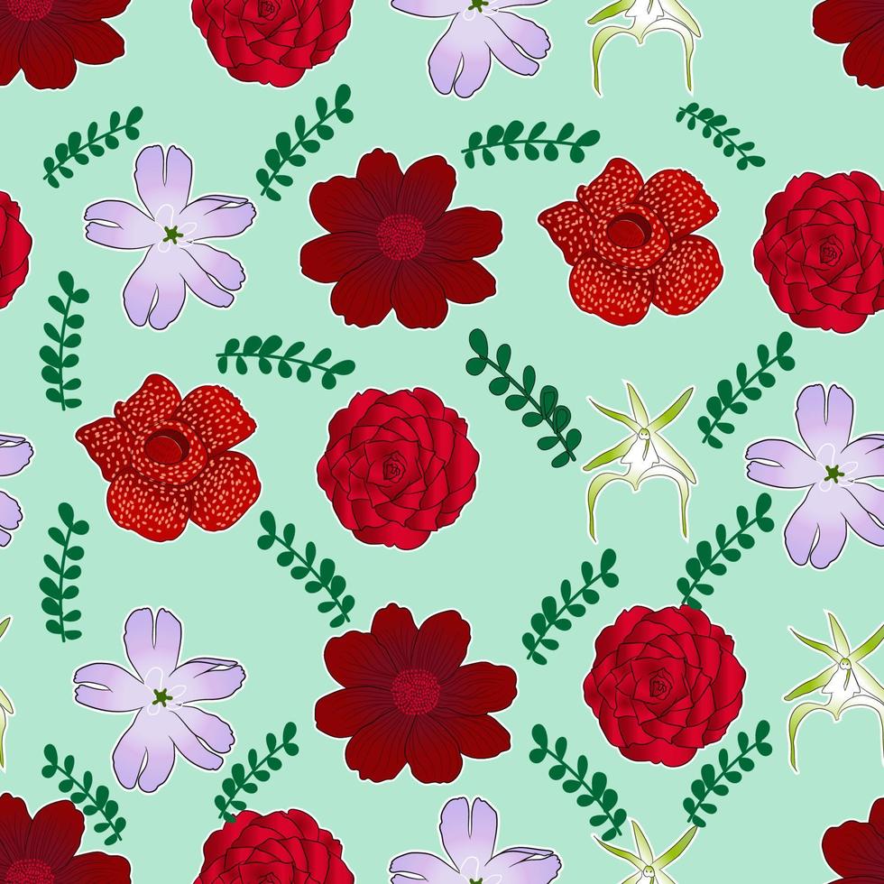 diseño de ilustración sin costuras de flores raras como rafflesia arnoldii, rojo medio, campion de gibraltar, orquídea fantasma, cosmos de chocolate vector