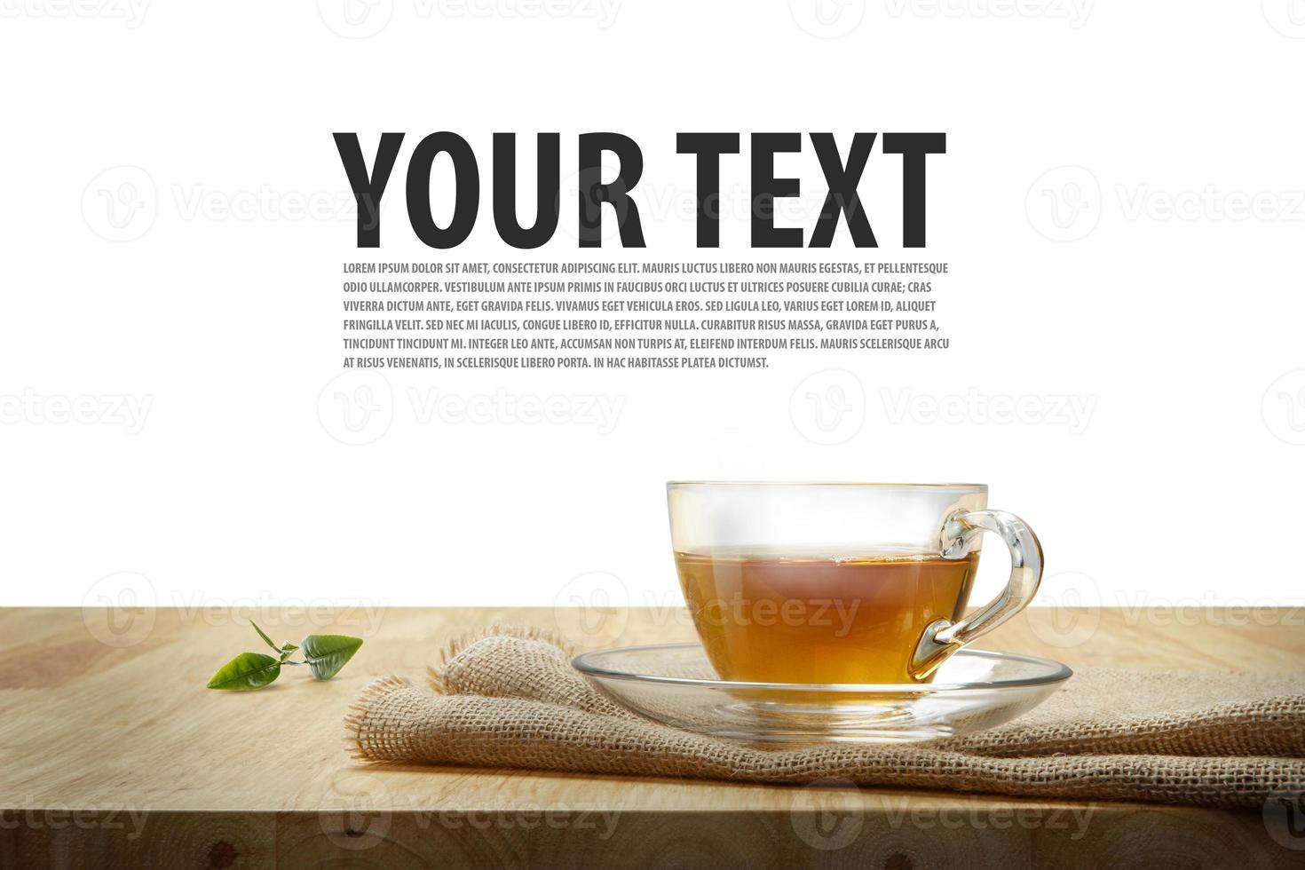 Cup of tea with sacking on the wooden table, isolated white back photo