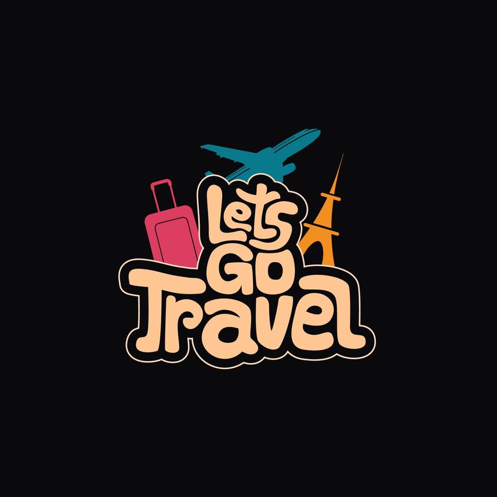 diseño de camiseta de texto vectorial de viaje. vamos a viajar texto con avión, bolsa de equipaje e ilustración vectorial de elementos de viaje. vector