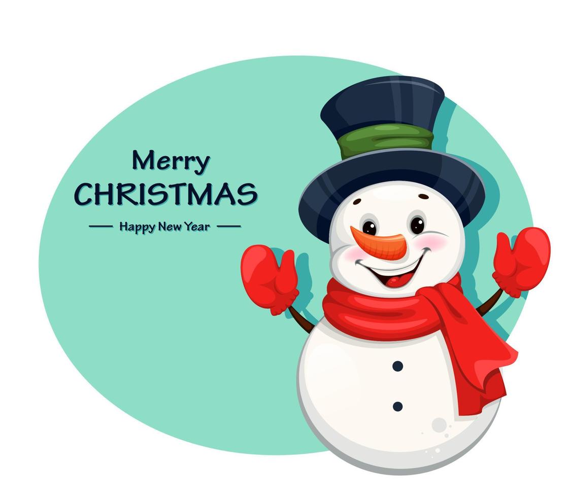 Cute cheerful Christmas snowman cartoon character vector