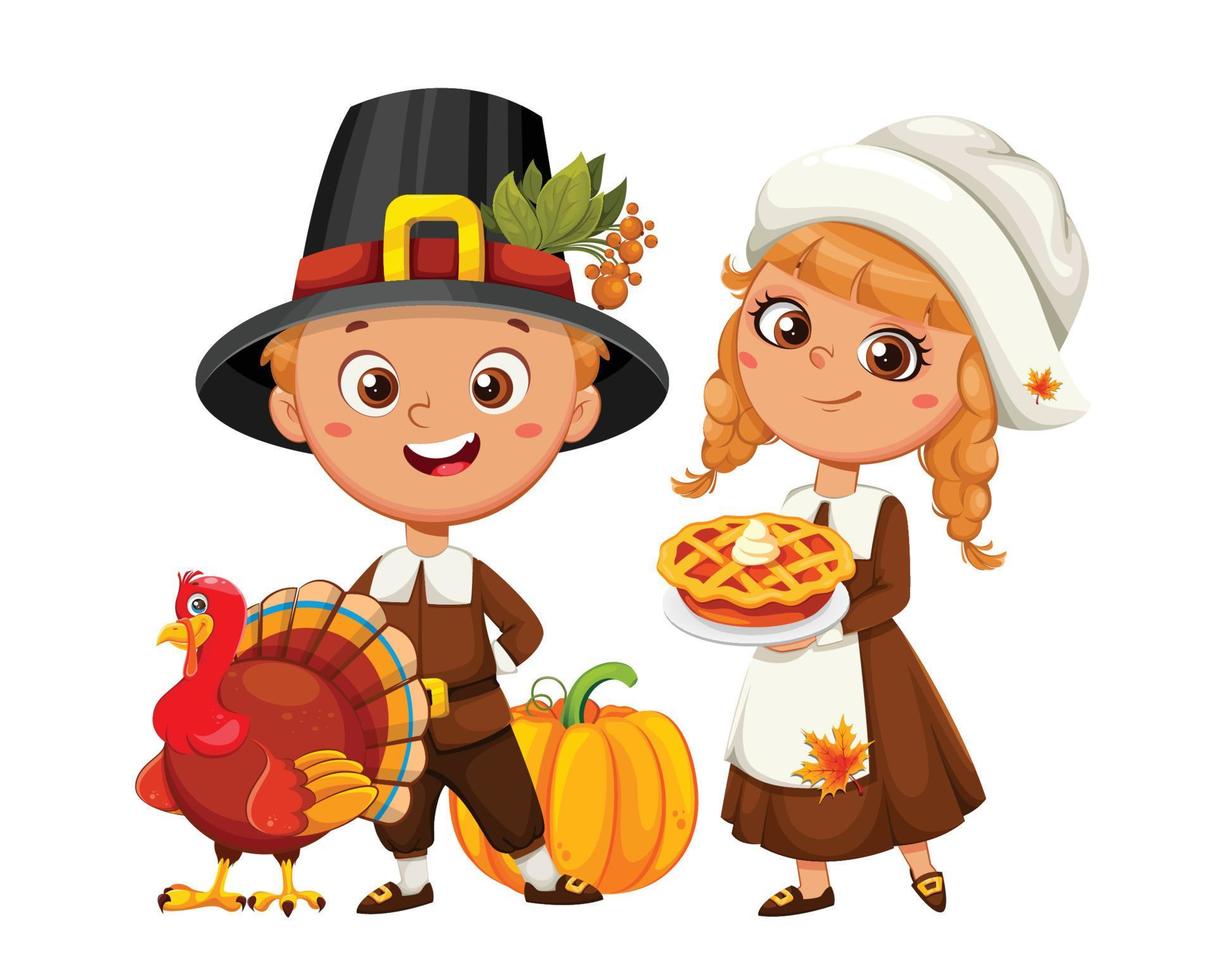 Happy Thanksgiving Day. Cute pilgrim boy and girl vector