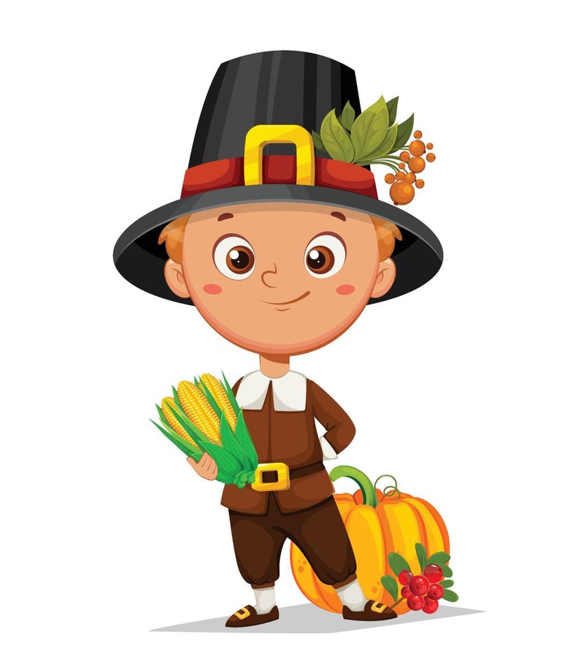 Happy Thanksgiving Day. Cute little pilgrim boy vector