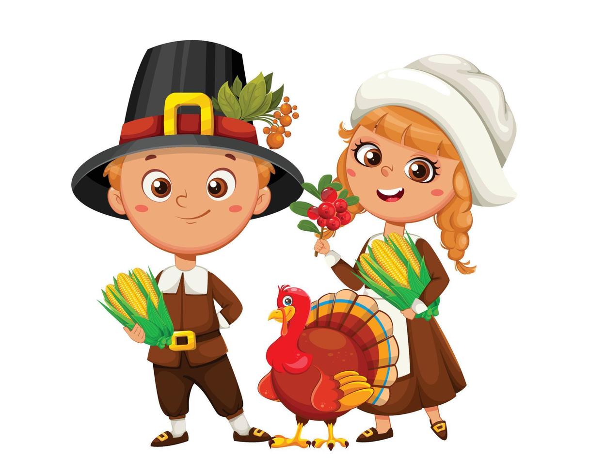 Happy Thanksgiving Day. Cute pilgrim boy and girl vector