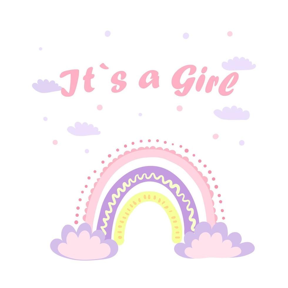 Gender party illustration. Postcard for a girl. son's birthday.Pink elements, rainbow, decor for gender party. vector