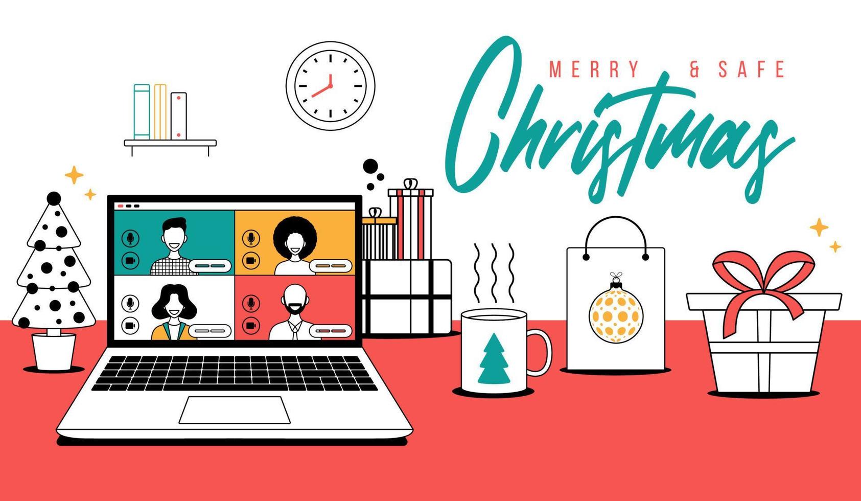 saludo de navidad en línea en estilo de esquema. personas que se reúnen en línea junto con familiares o amigos haciendo videollamadas en una discusión virtual de una computadora portátil. grupo de personas reunidas por videoconferencia en navidad vector