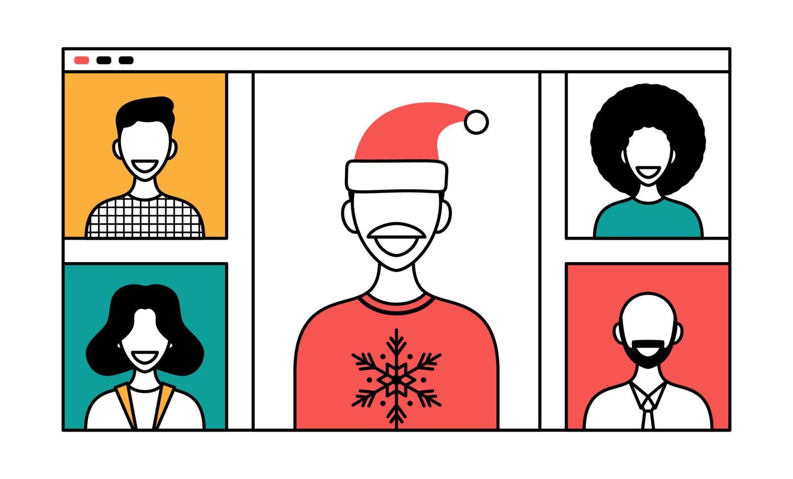 Christmas online greeting in outline style. people meeting online together with family or friends video calling on browser window virtual discussion. people meeting via videoconference on xmas vector