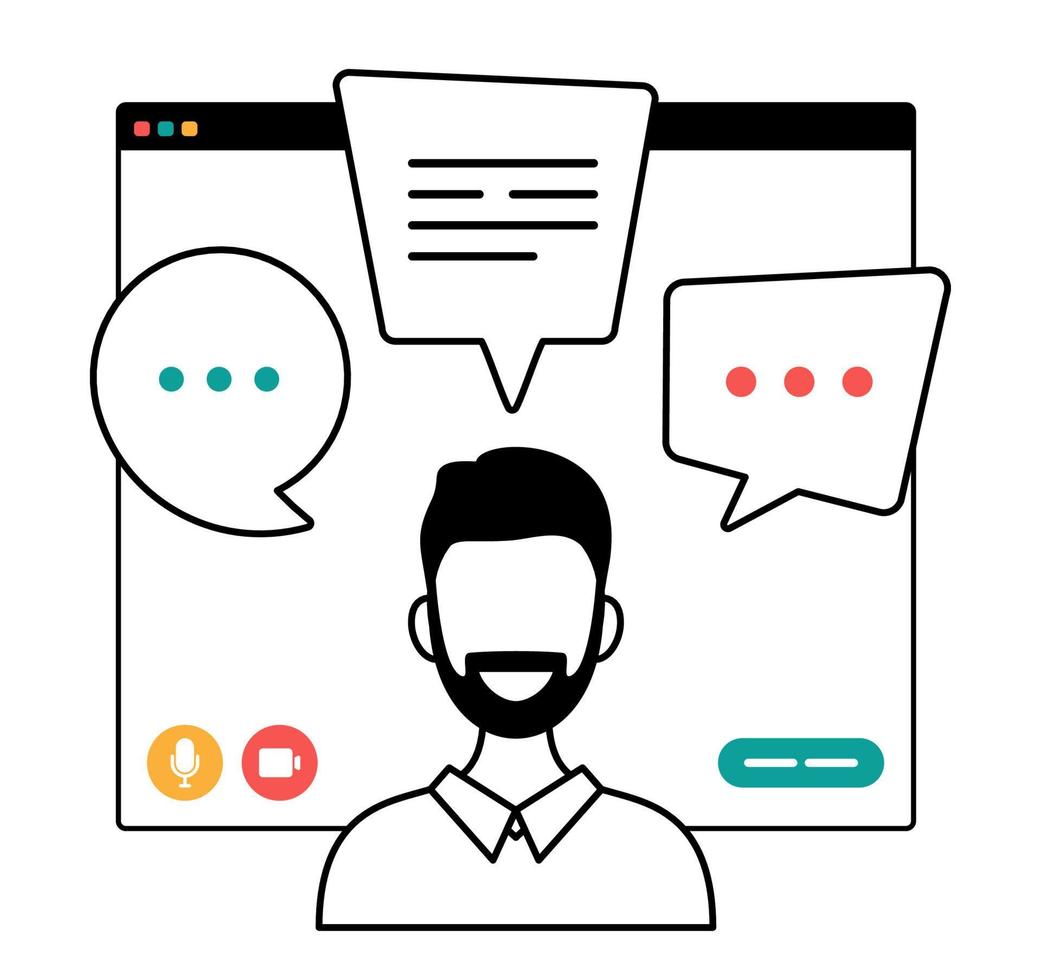 businessman chatting during video call outline illustration. man with chat bubble speech in computer window communication online conference concept portrait horizontal cartoon flat vector