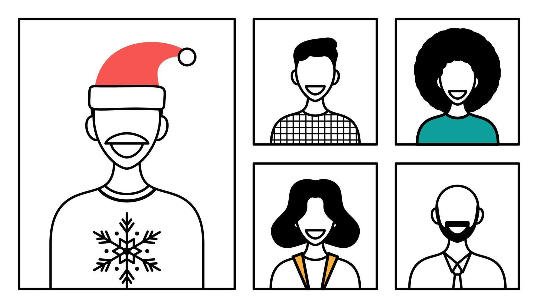 saludo de navidad en línea en estilo de esquema. personas que se reúnen en línea junto con familiares o amigos haciendo videollamadas en la discusión virtual de la ventana del navegador. personas reunidas por videoconferencia en navidad vector