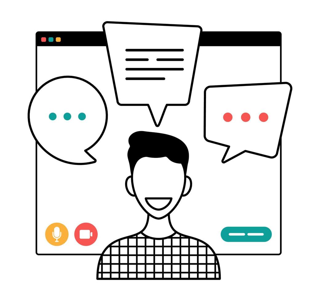 businessman chatting during video call outline illustration. man with chat bubble speech in computer window communication online conference concept portrait horizontal cartoon flat vector