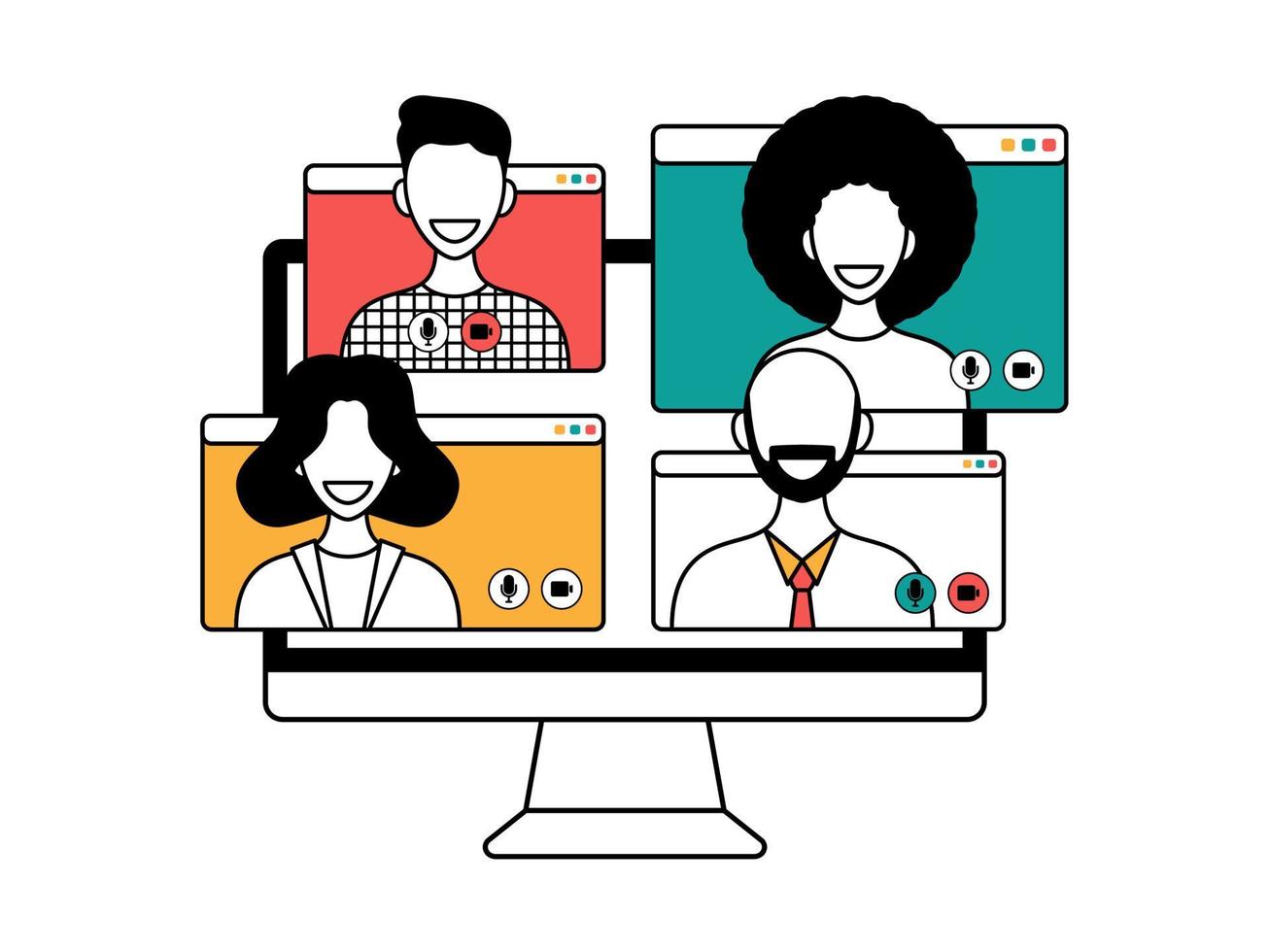 Online video conference concept. Illustration of Faces on Video Conference Call Screen. people connect together, learning or meeting online with teleconference vector