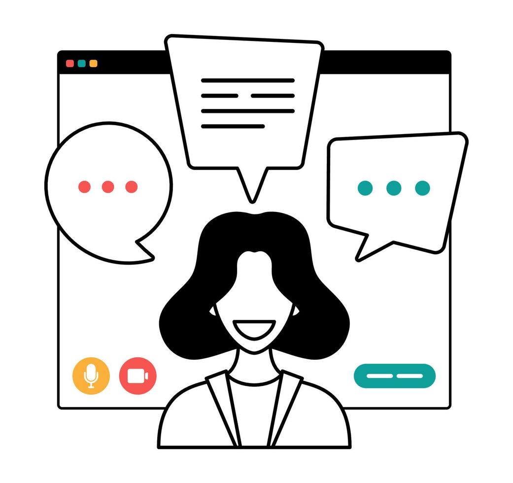 businesswoman chatting during video call outline style illustration. Woman having virtual conference during video call remote work quarantine isolation vector concept