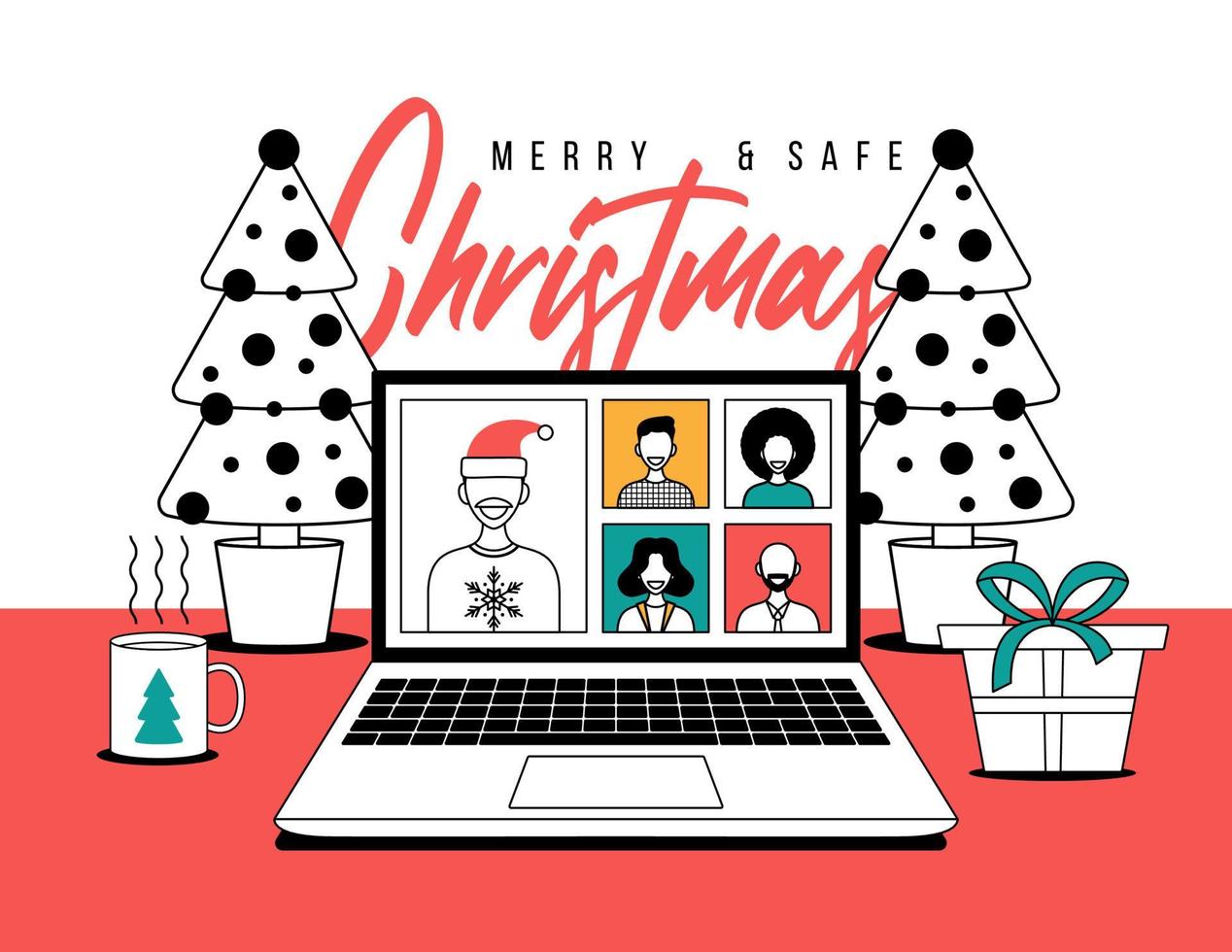 Christmas online greeting in outline style. people meeting online together with family or friends video calling on laptop virtual discussion. Group of people meeting via videoconference on xmas vector