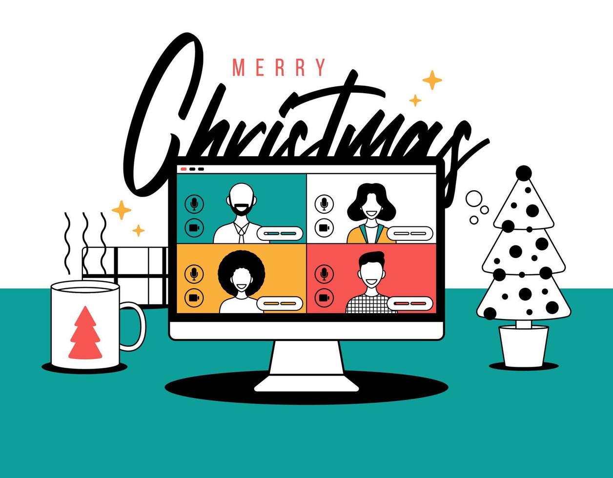 Christmas online greeting in outline style. people meeting online together with family or friends video calling on computer virtual discussion. Group of people meeting via videoconference on xmas vector