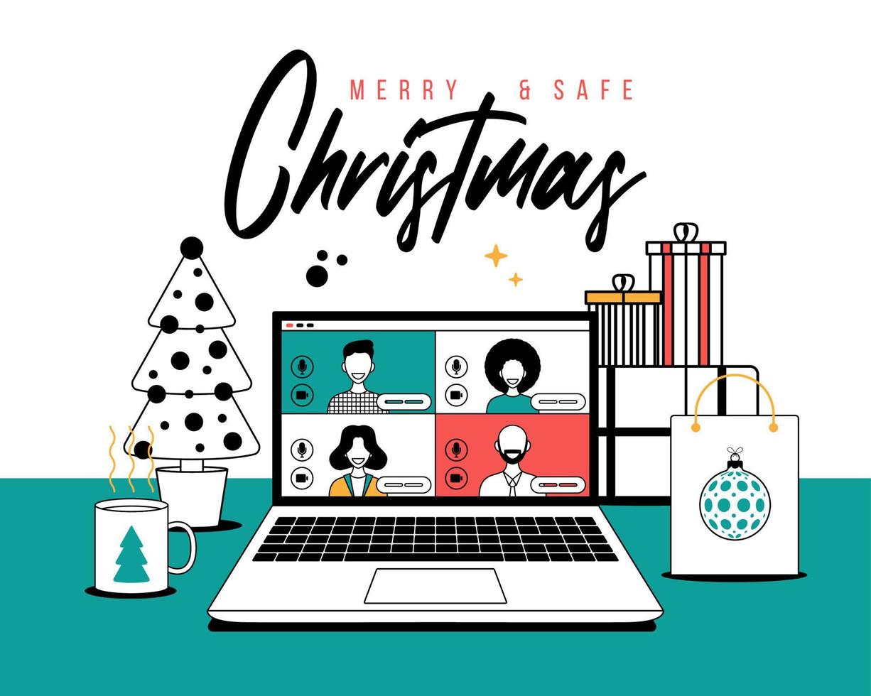 Christmas online greeting in outline style. people meeting online together with family or friends video calling on laptop virtual discussion. Group of people meeting via videoconference on xmas vector