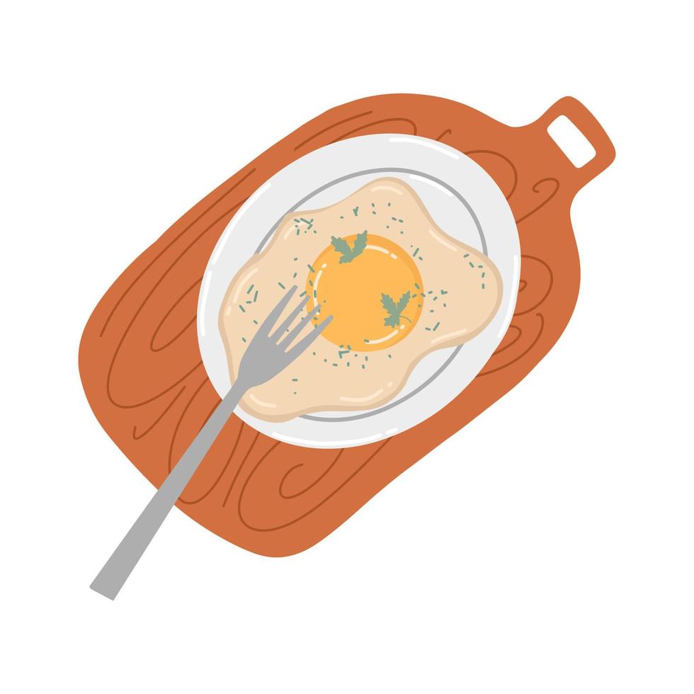 Fried egg on a plate and on a wooden kitchen board, cartoon style. Vector illustration in flat style