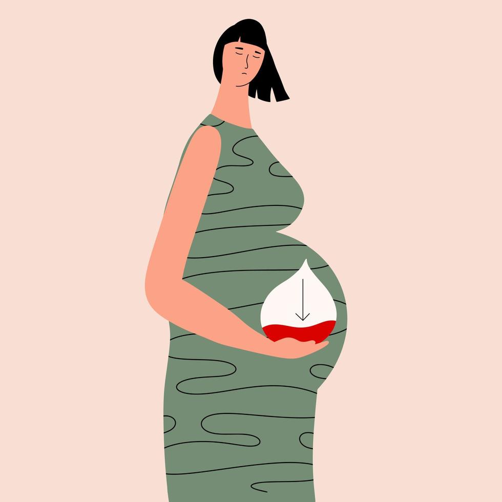 Pregnant woman suffering from anemia concept. Woman with low blood sugar drop. Hypoglycemia. Vector illustrations in flat style