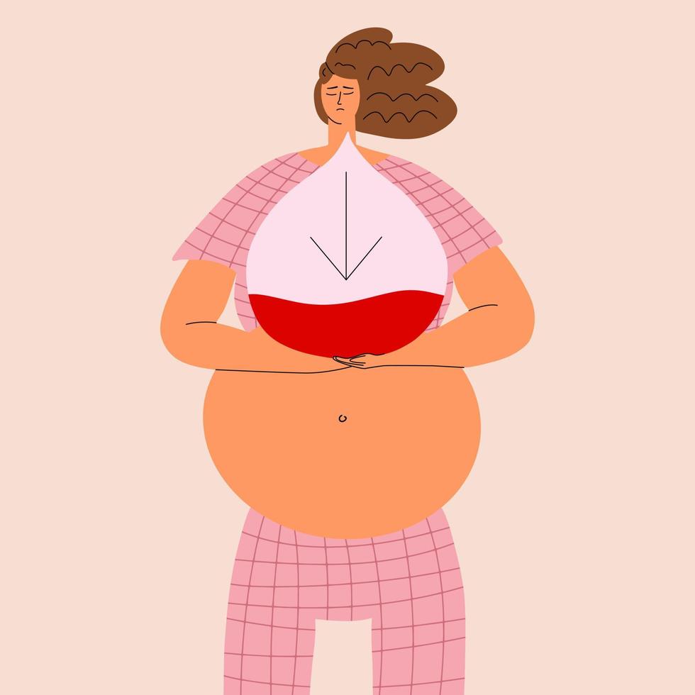 Pregnant woman suffering from anemia concept. Woman with low blood sugar drop. Hypoglycemia. Vector illustrations in flat style