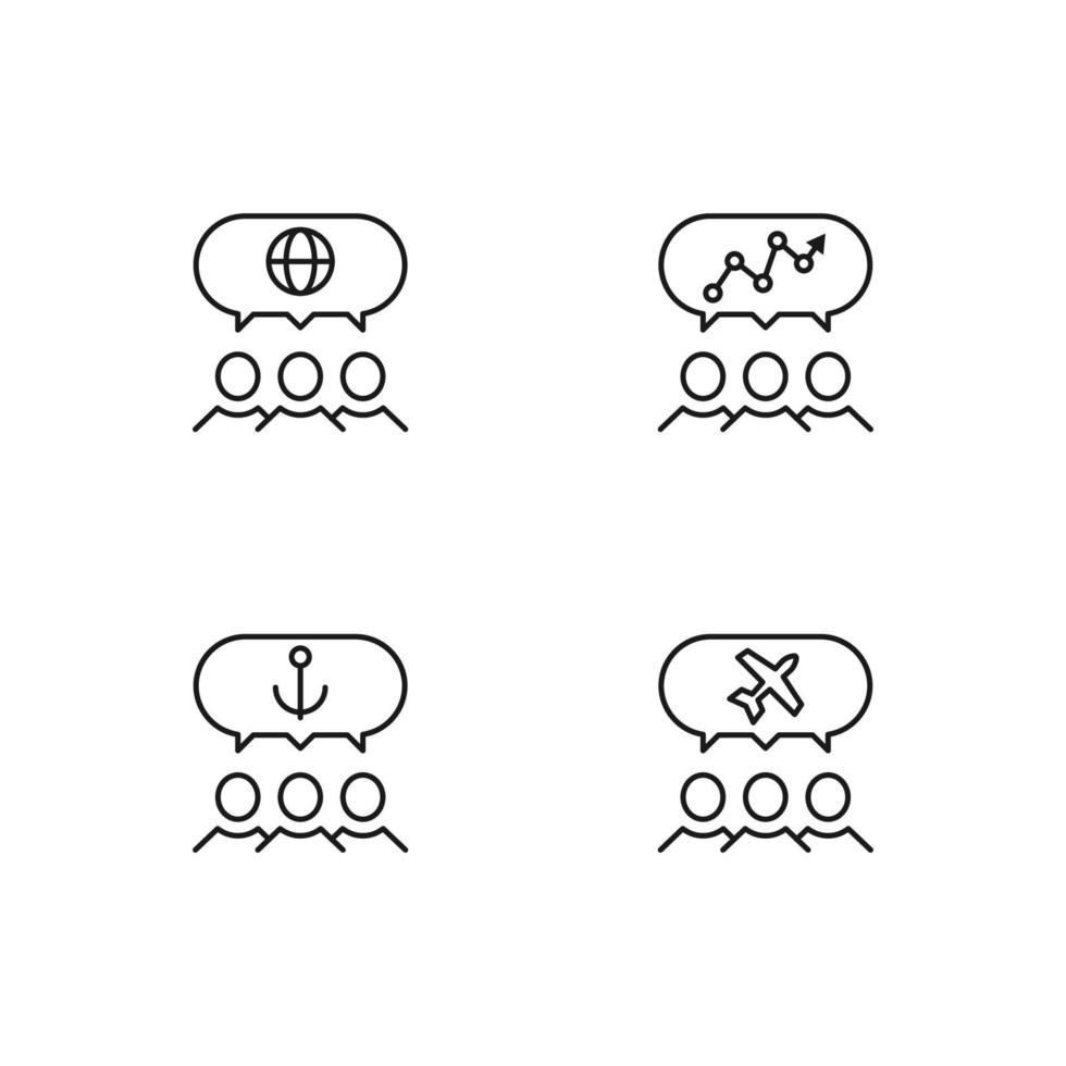 Monochrome elements perfect for adverts, stores, design etc. Editable stroke. Vector line icon set with symbols of globe, progress, anchor, plane inside of speech bubble by users