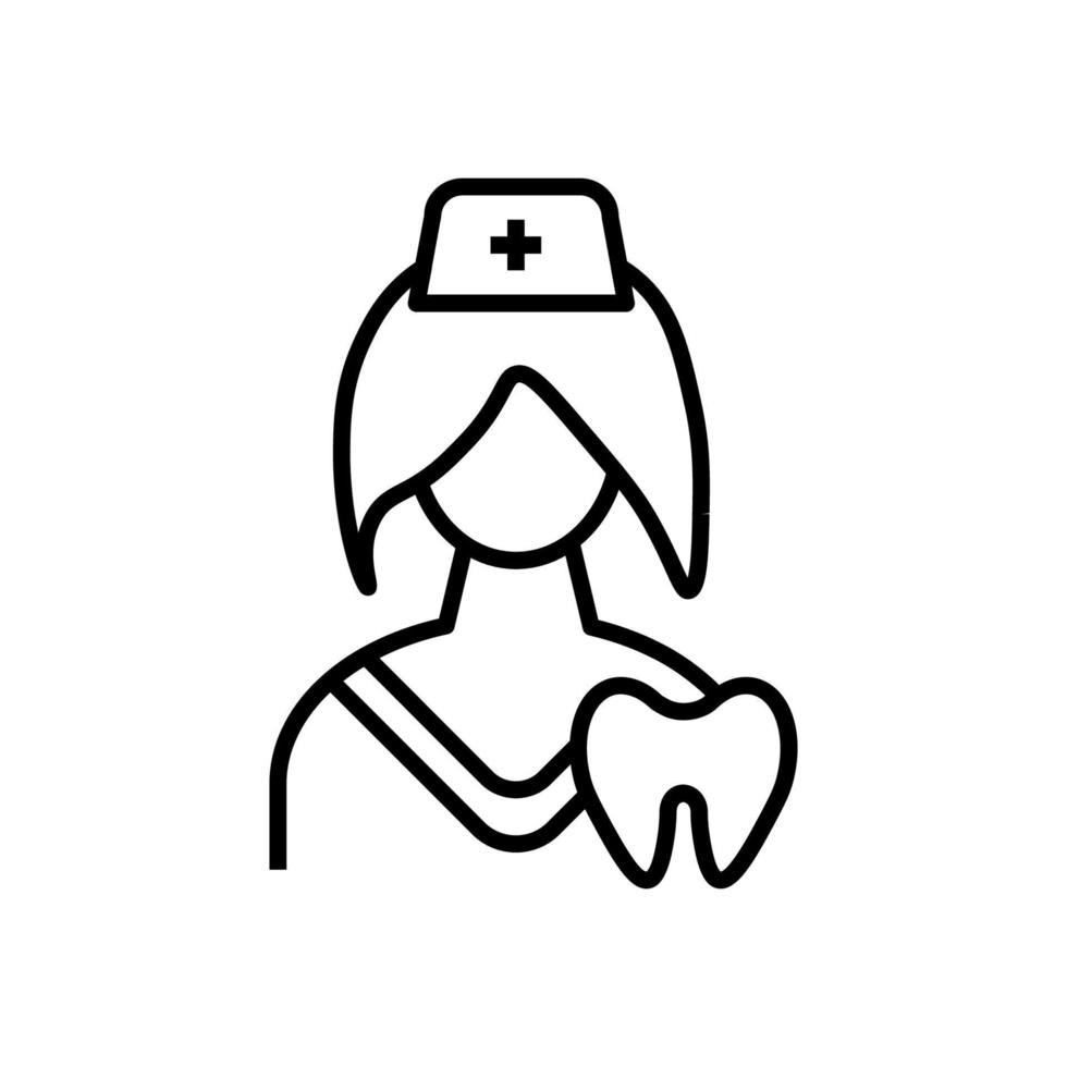 Profession and occupation concept. Modern outline sign drawn in flat style. Editable stroke. Vector monochrome isolated line icon of female dentist or stomatologist