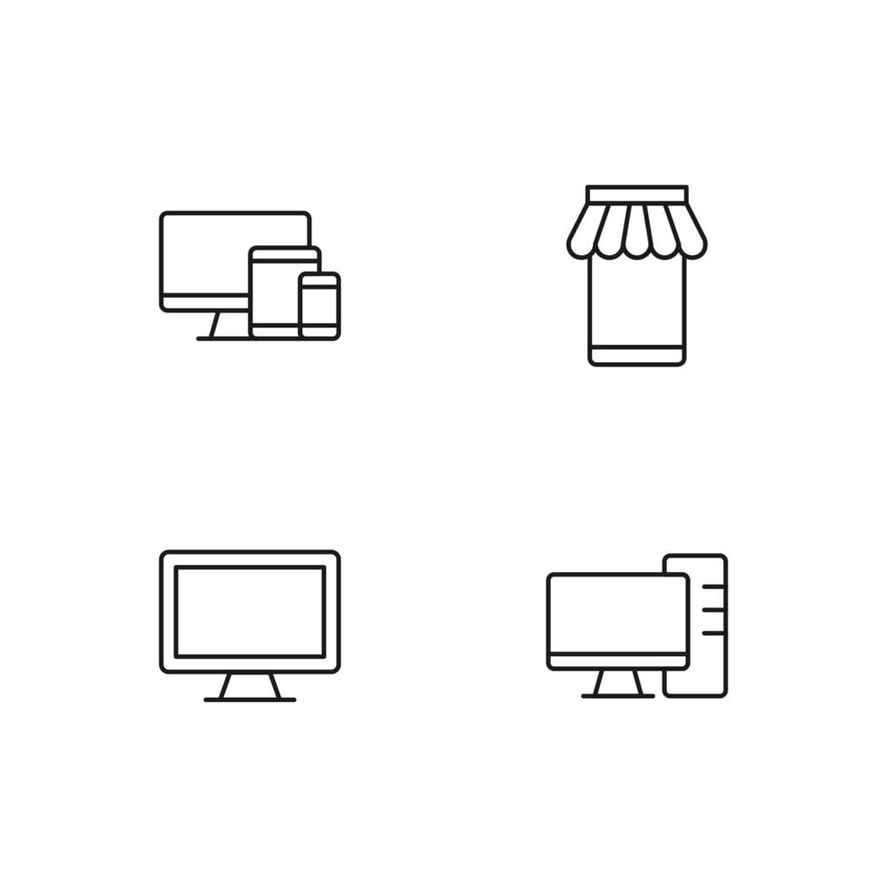 Monochrome elements perfect for adverts, stores, design etc. Editable stroke. Vector line icon set with symbols of computer, system block, smartphone, tablet