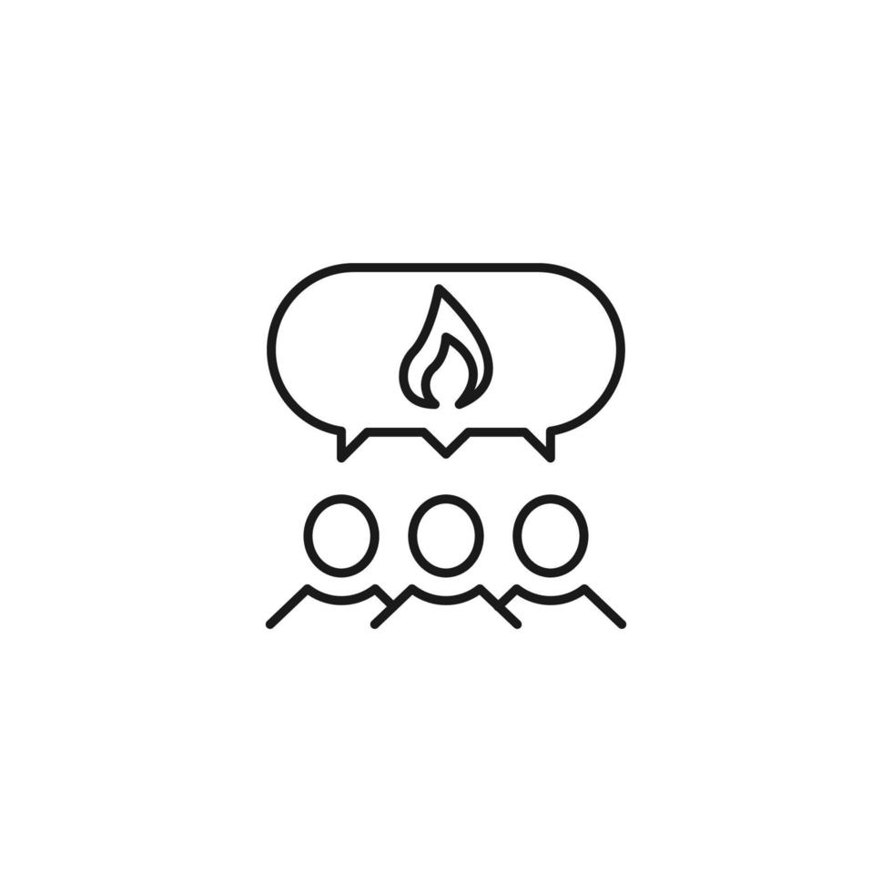 People, staff, speech bubble concept. Vector line icon for web sites, stores, online courses etc. Sign of fire or flame inside of speech bubble over group of people