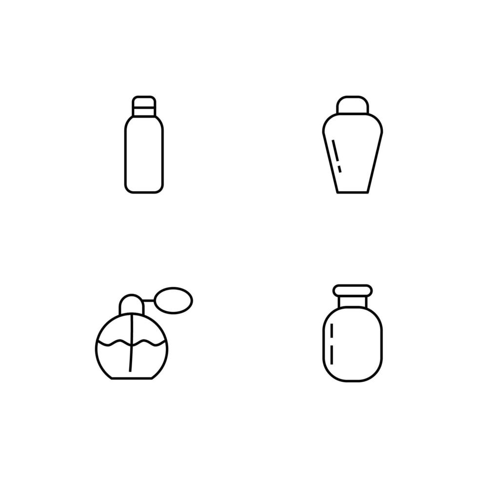 Monochrome elements perfect for adverts, stores, design etc. Editable stroke. Vector line icon set with symbols of vintage perfume, shower gel, simple bottle for shampoo