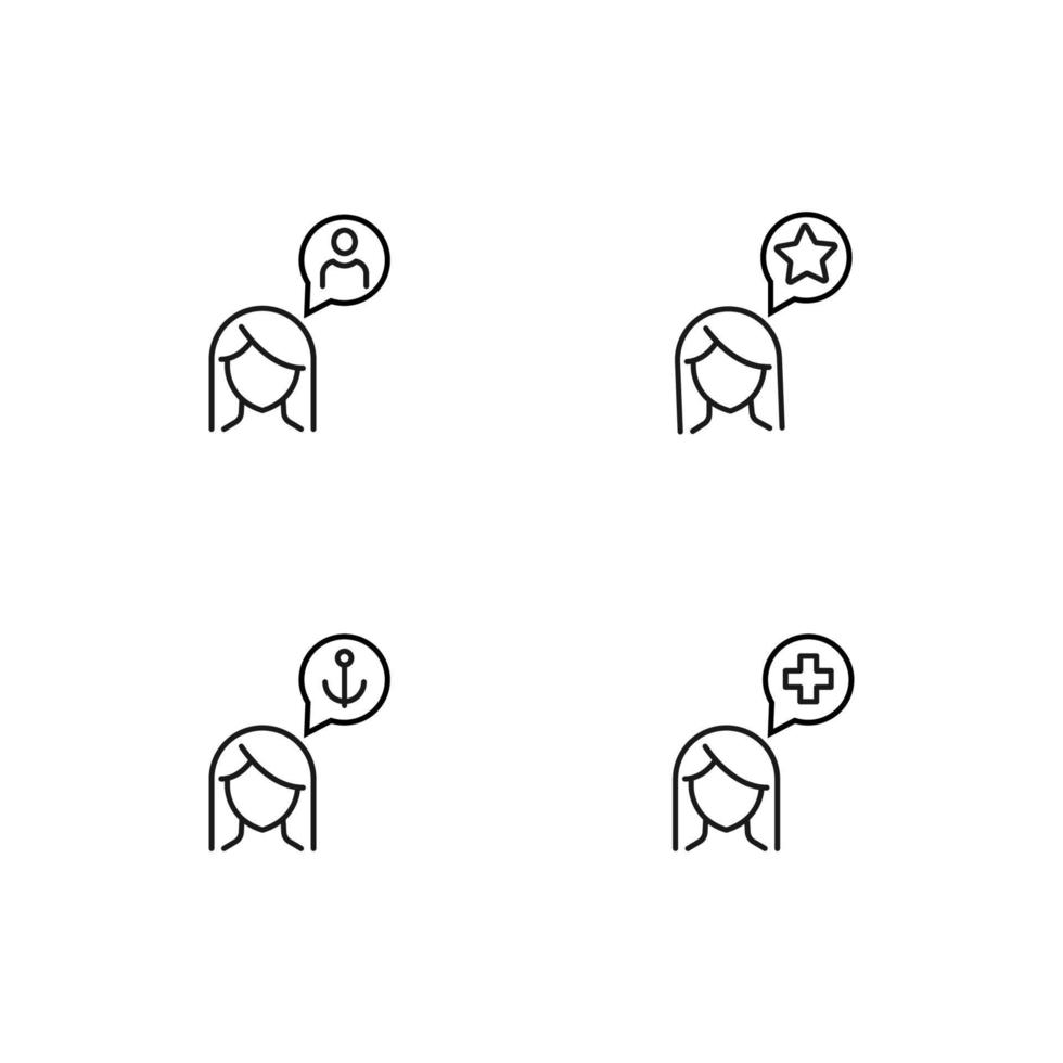 Monochrome elements perfect for adverts, stores, design etc. Editable stroke. Vector line icon set with symbols of user, star, anchor, cross inside of speech bubble by woman