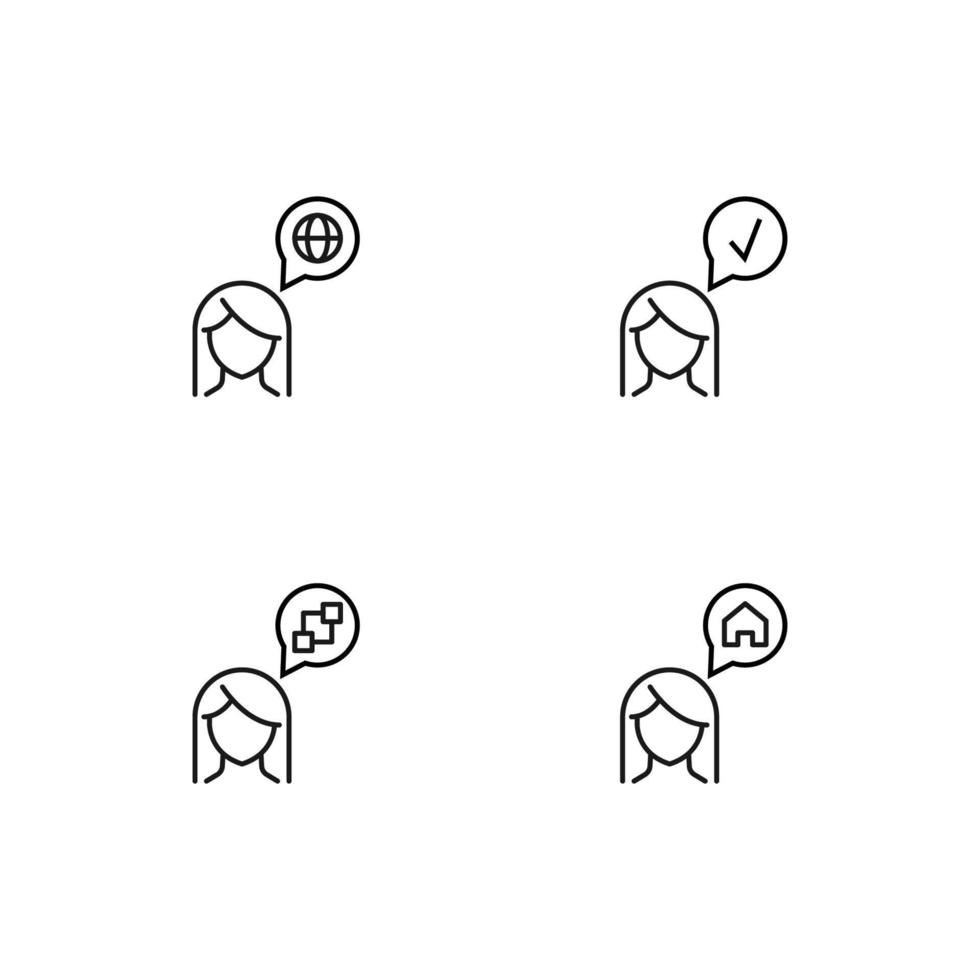 Monochrome elements perfect for adverts, stores, design etc. Editable stroke. Vector line icon set with symbols of globe, check, cubes, house inside of speech bubble by woman
