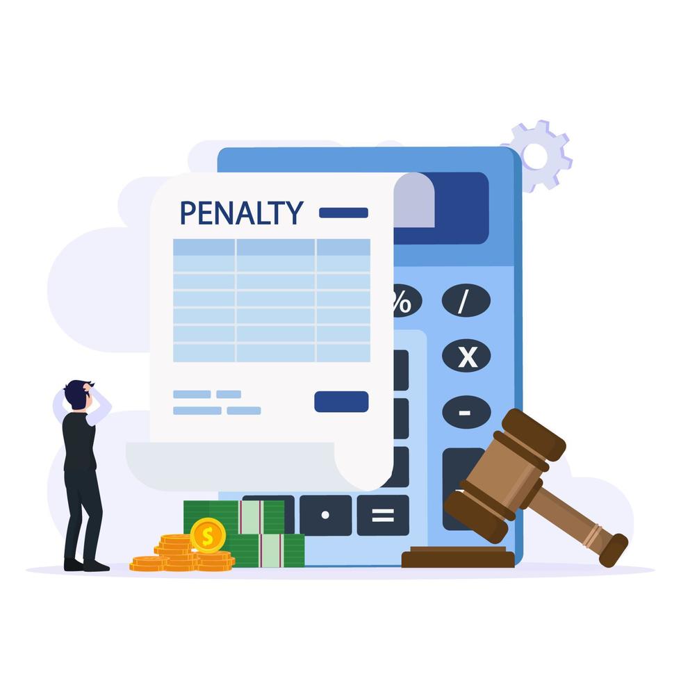 Penalty vector concept. Stressful businessman looking at a charge and expense punishment notice.