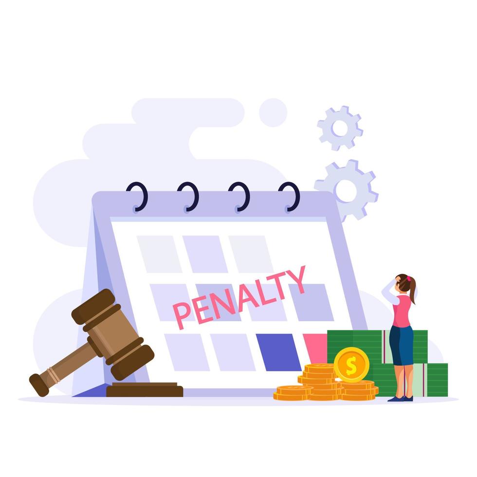 Penalty vector concept. Stressful businesswoman looking at a charge and expense punishment notice.