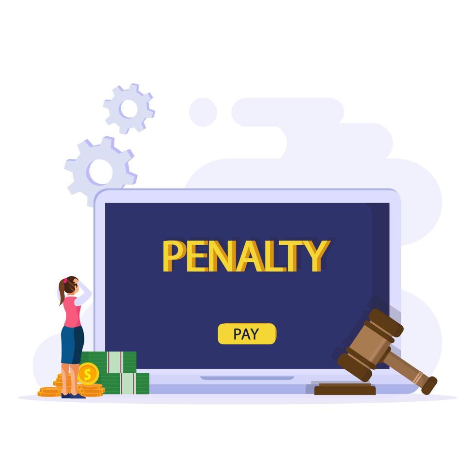 Penalty vector concept. Stressful businesswoman looking at a charge and expense punishment notice.