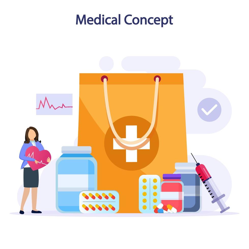 farmacia de ilustración vectorial plana y concepto médico, ayuda, atención médica, farmacia, medicina. vector