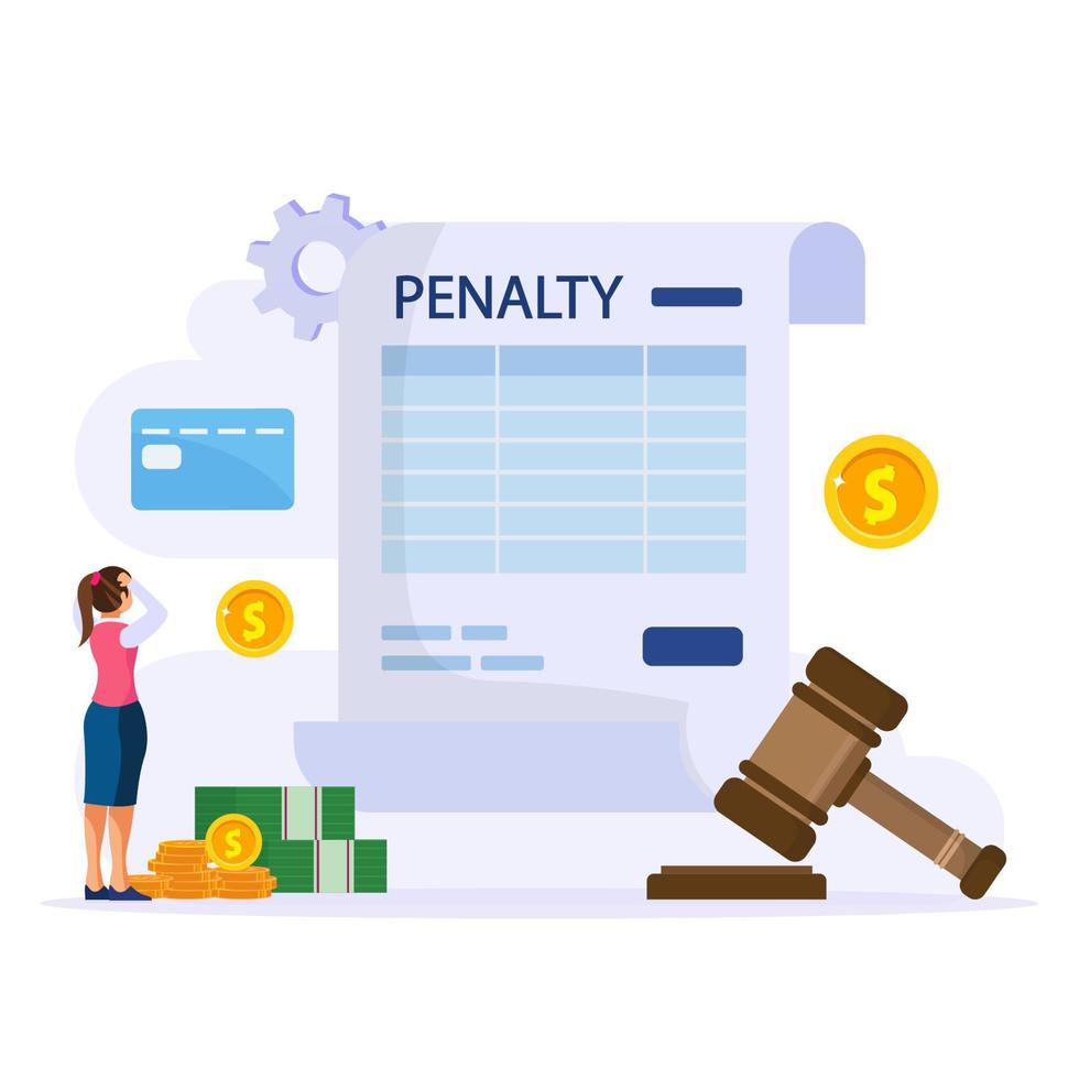 Penalty vector concept. Stressful businesswoman looking at a charge and expense punishment notice.