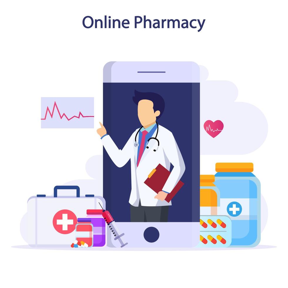 ilustración vectorial de la tienda de farmacia en línea. aplicación móvil de pedido de medicamentos. vector
