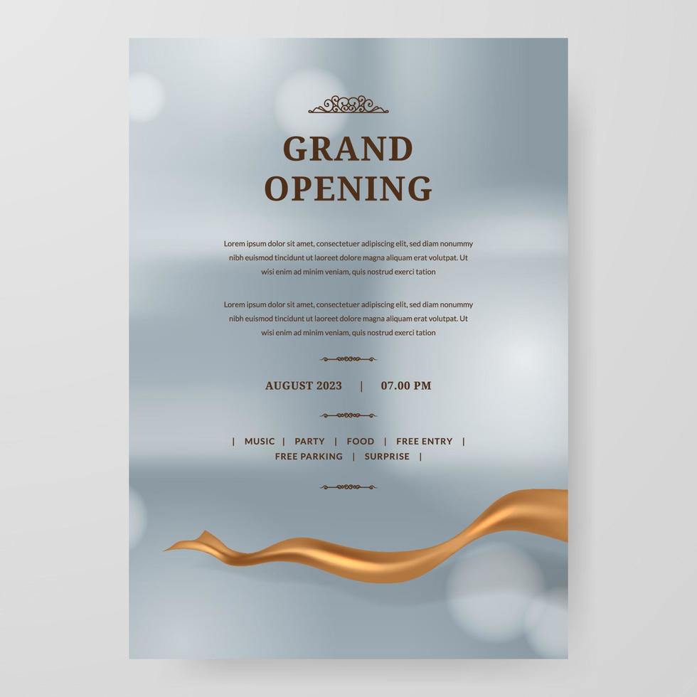 Grand Opening poster celebration with golden fabric satin gold silk ribbon element decoration for luxury elegant vip with silver bokeh background vector