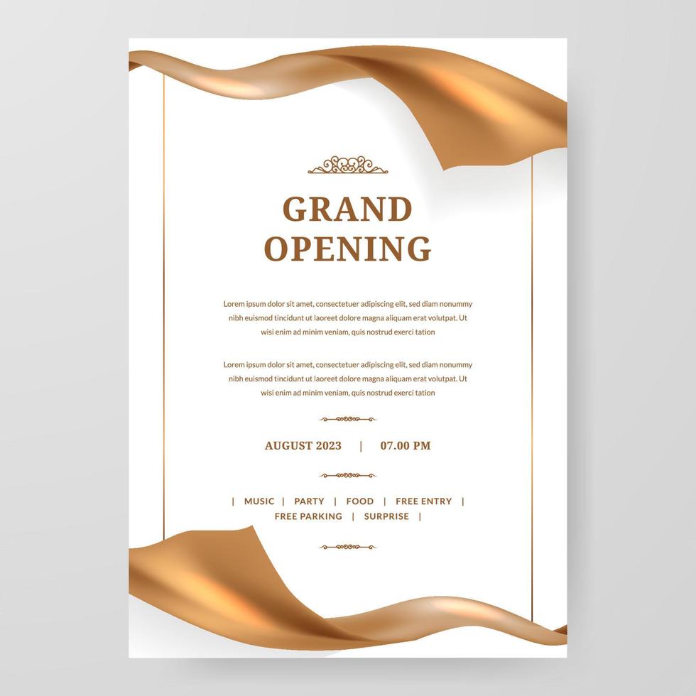 Grand Opening poster celebration with golden fabric satin gold silk ribbon element decoration for luxury elegant vip vector