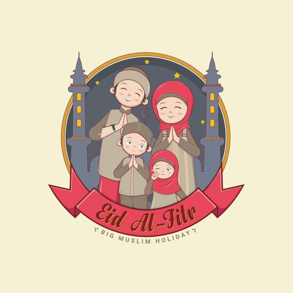 feliz familia musulmana saludando y celebrando eid al-fitr, diseño vectorial, ilustración vector