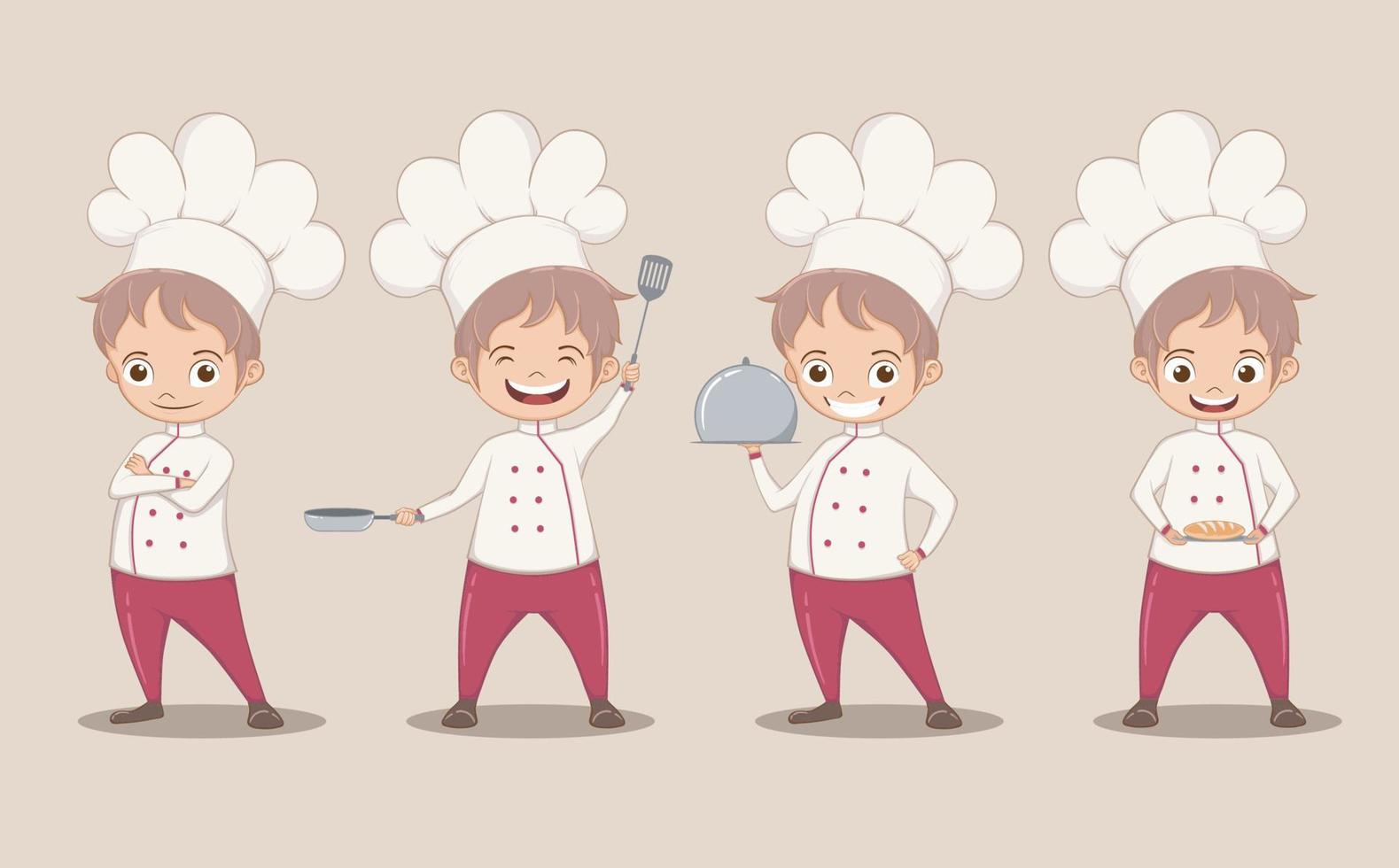 Cute chef boy character in four action poses, vector illustration in cartoon style