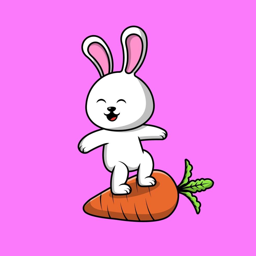 Cute Rabbit Surfing With Carrot Cartoon Vector Icon Illustration. Flat Cartoon Concept