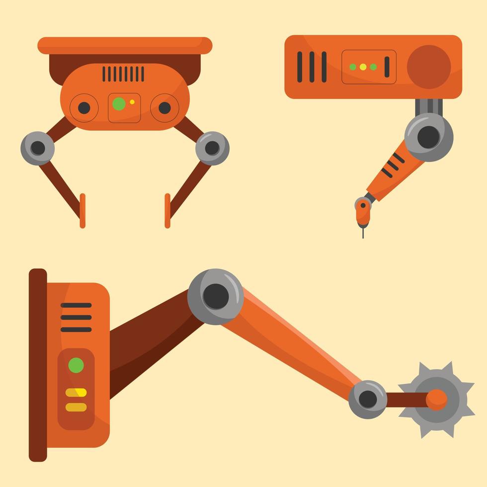 Robotic arms of machines on factory technological. Vector illustrations of robot arms for manufacture in flat design