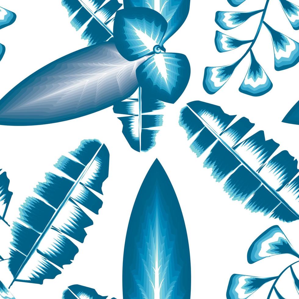 Summer trend seamless background with vintage blue monochromatic tropical leaves and plants foliage on white background. Vector design. Jungle print. Printing and textile. Exotic tropic. spring. fall