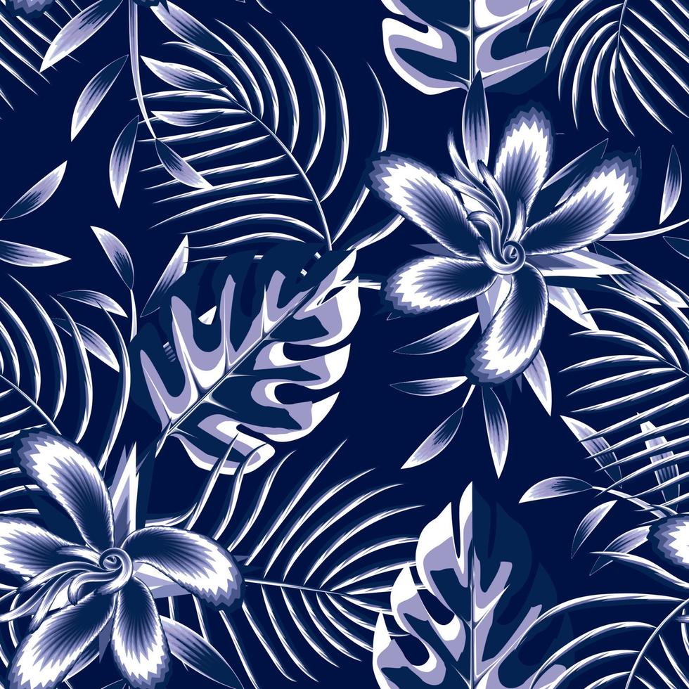 diseño de vector de textura de impresiones ashionable con flores de hibisco tropical monocromáticas azules y hojas de palma de monstera patrón sin costuras en el fondo de la noche. fondo floral. diseño exótico de verano. Arte