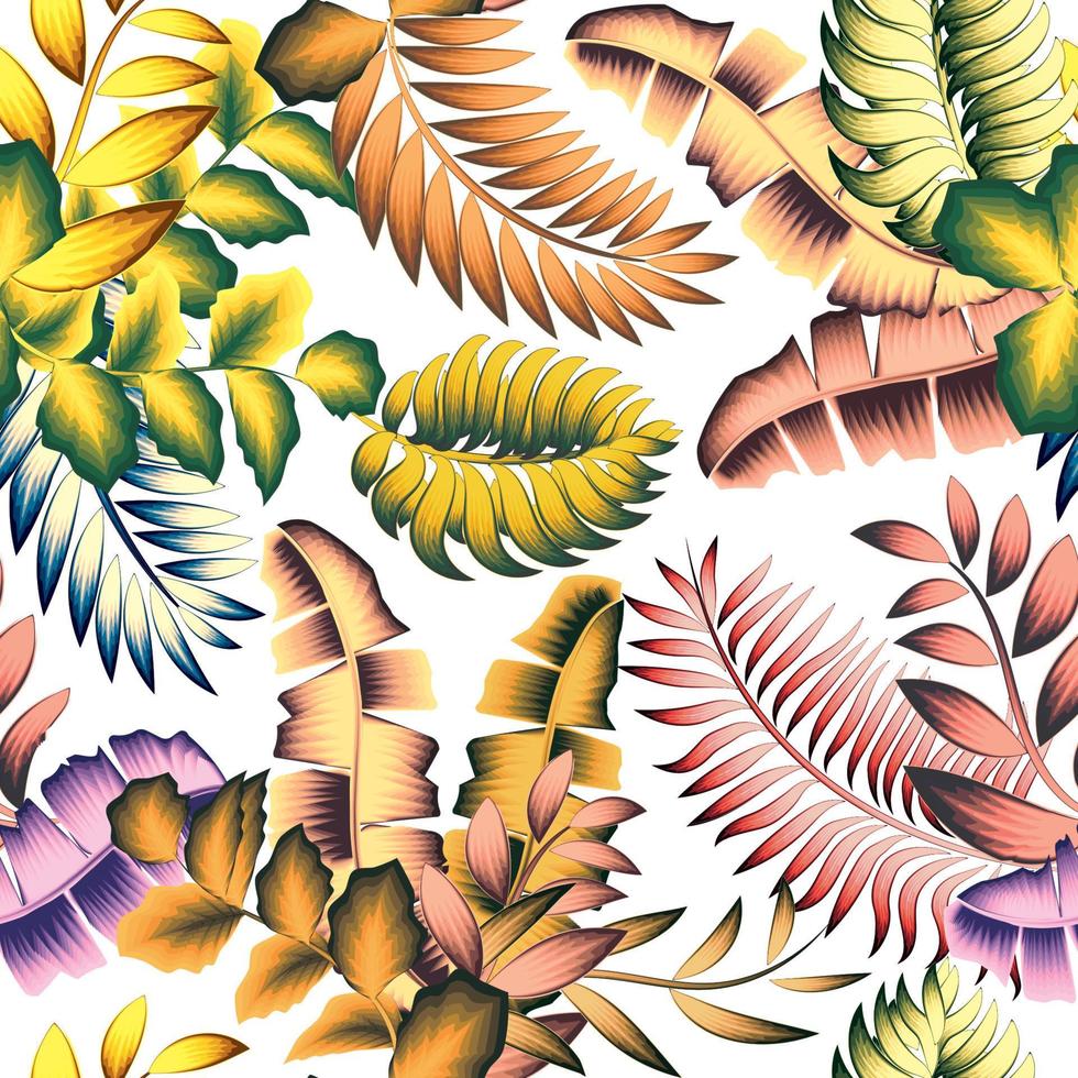 coloridas plantas tropicales hojas y follaje de patrones sin fisuras sobre fondo blanco. colorido floral con estilo. fondo floral. trópicos exóticos. diseño de verano. diseño vectorial imprime textura. primavera vector