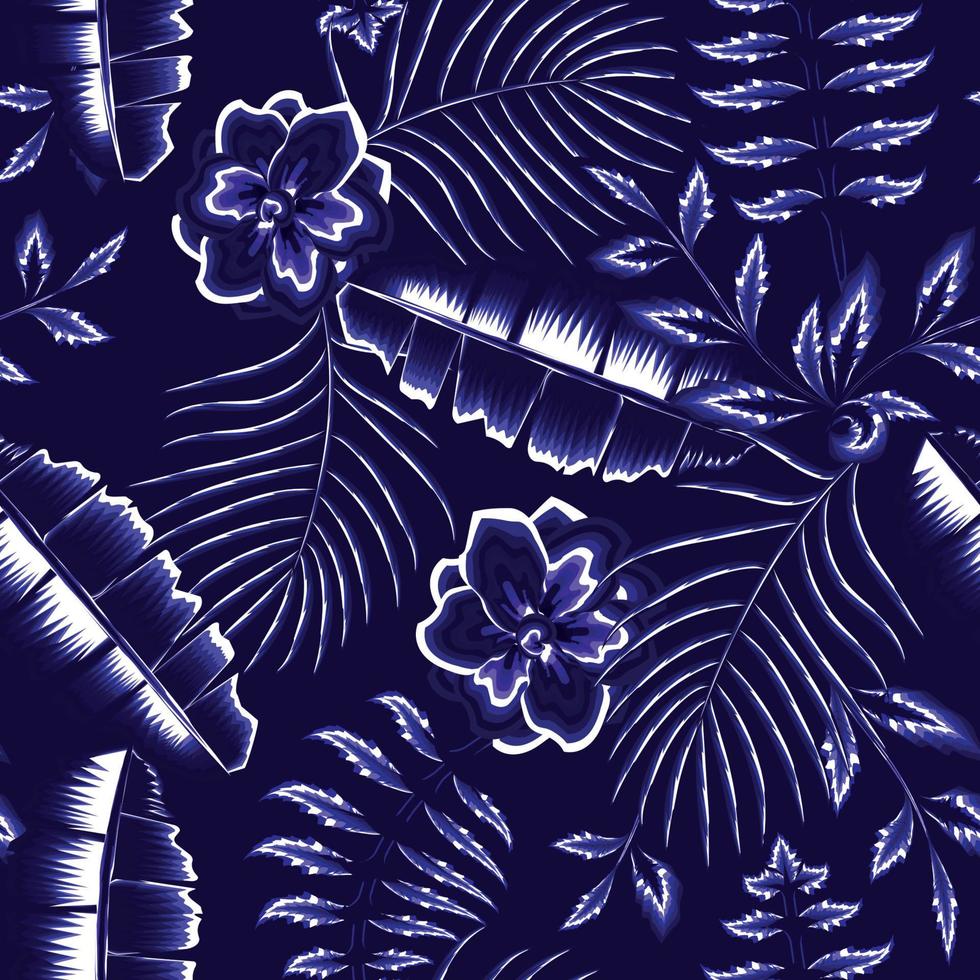 hermosa luz brillante color abstracto hojas de palma de plátano tropical patrón sin costuras con follaje de planta de flor de jazmín sobre fondo oscuro. textura de impresión de moda para tela de camisa o textil. el verano vector