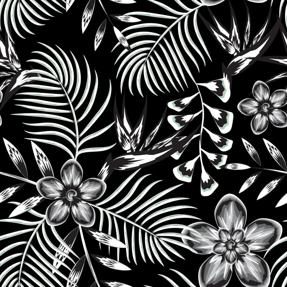 vintage abstract tropical seamless pattern with black white palm leaves and  strelitzia flowers plants foliage on night background. Floral background.  Exotic wallpaper. Trendy summer Hawaii print 11334929 Vector Art at Vecteezy