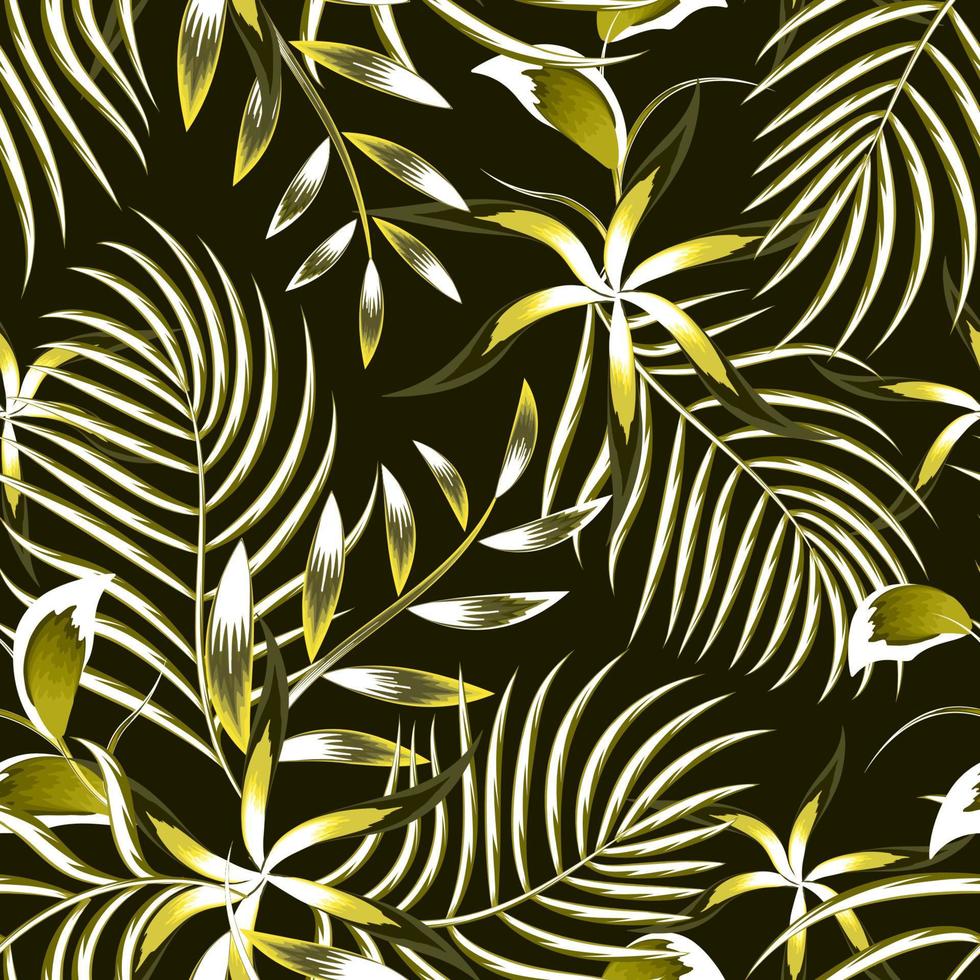 diseño vectorial de fondo decorativo hojas de palma tropical y follaje en estilo monocromático de moda para estampados textiles. fondo oscuro papel pintado de la vendimia fondo floral. diseño exótico de verano vector