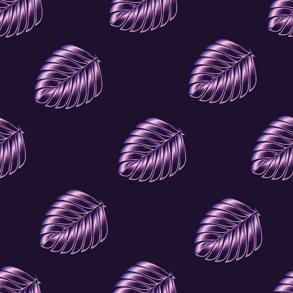hojas de palma tropical diseño vectorial de patrones sin fisuras con follaje de plantas púrpura abstractas de moda en estilo de color monocromático sobre fondo oscuro. textura de tela trópicos exóticos. decoración de papel pintado vector