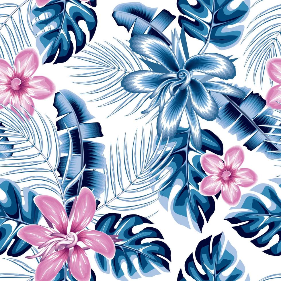 patrón floral transparente con coloridas hojas de palma de monstera tropical y flor de hibisco abstracta rosa, follaje de plantas frangipani sobre fondo blanco. diseño vectorial fondo floral. el verano vector