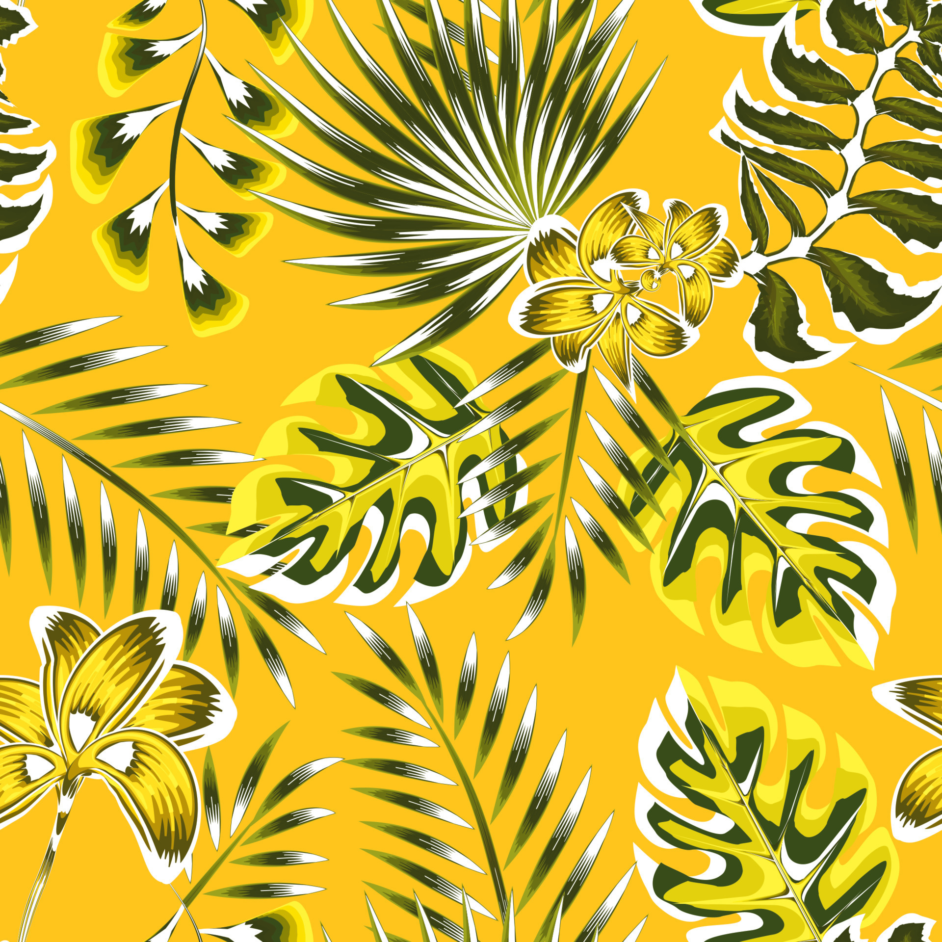 Summer seamless tropical pattern with bright leaves and flower plants on  yellow background. Modern abstract design for fabric, paper, interior  decor. Summer colorful hawaiian. Floral background. art 11335057 Vector Art  at Vecteezy