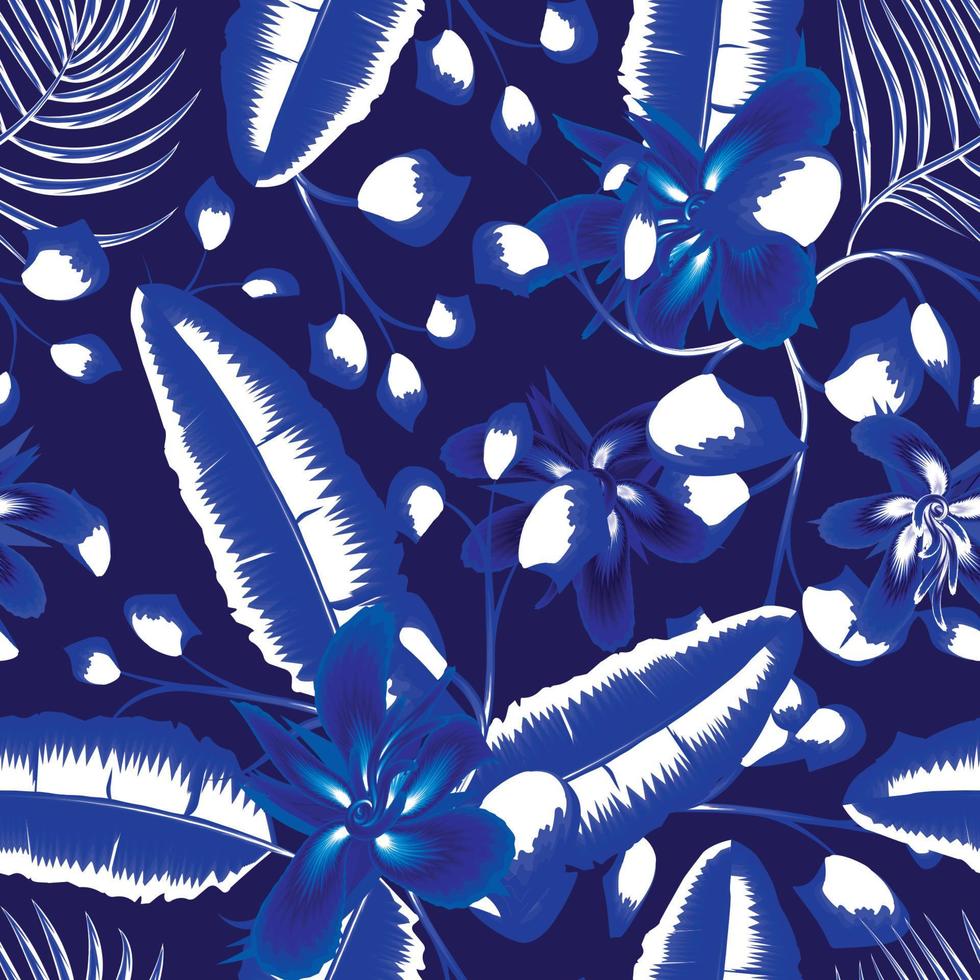 Exotic botanical background vector design seamless pattern with tropical banana palm leaves and hibiscus flowers plant foliage blue background. Floral background. Exotic tropics. Summer prints design